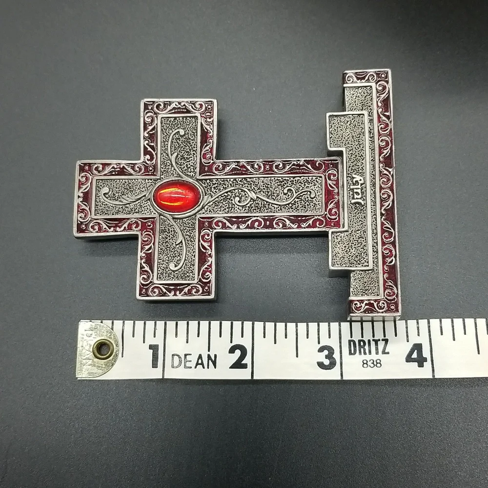 Ornate Pewter 2003 "July" Birthday Ruby Red Gemstone Standing Cross Statue - Picture 8 of 11
